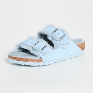 NEW IN BOX Birkenstock Arizona Shearling Sandals in Light Blue Narrow